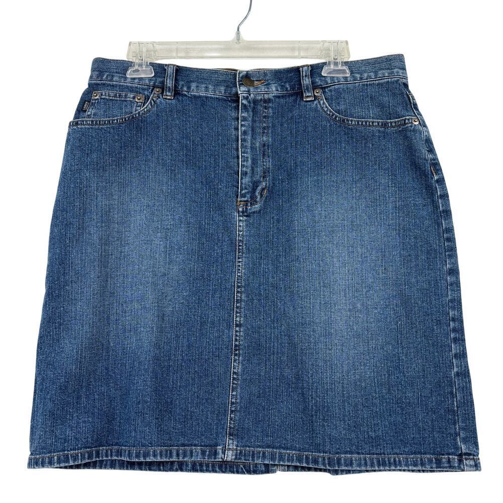 Ralph Lauren Jean Skirt Women Size12 Blue Denim 5 Pocket Zip Button Cotton Blend